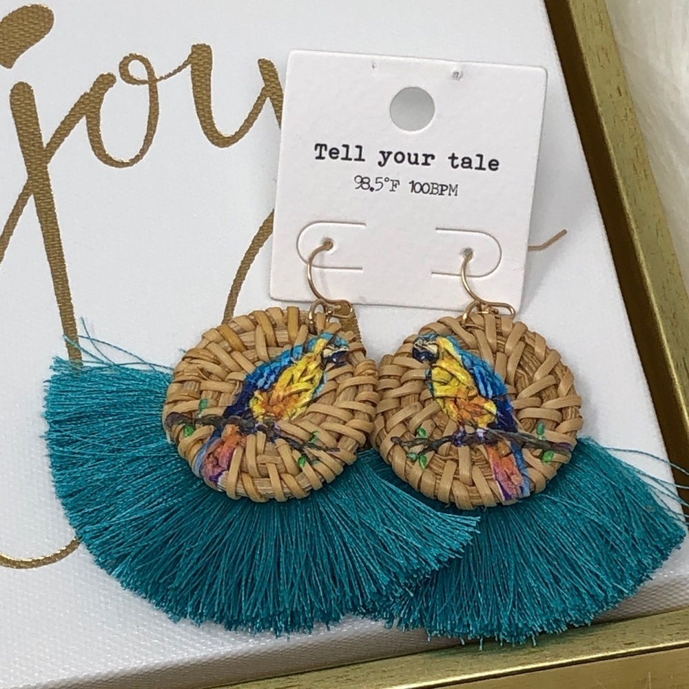 Parrot Painted Woven Straw Fan Tassel Earrings